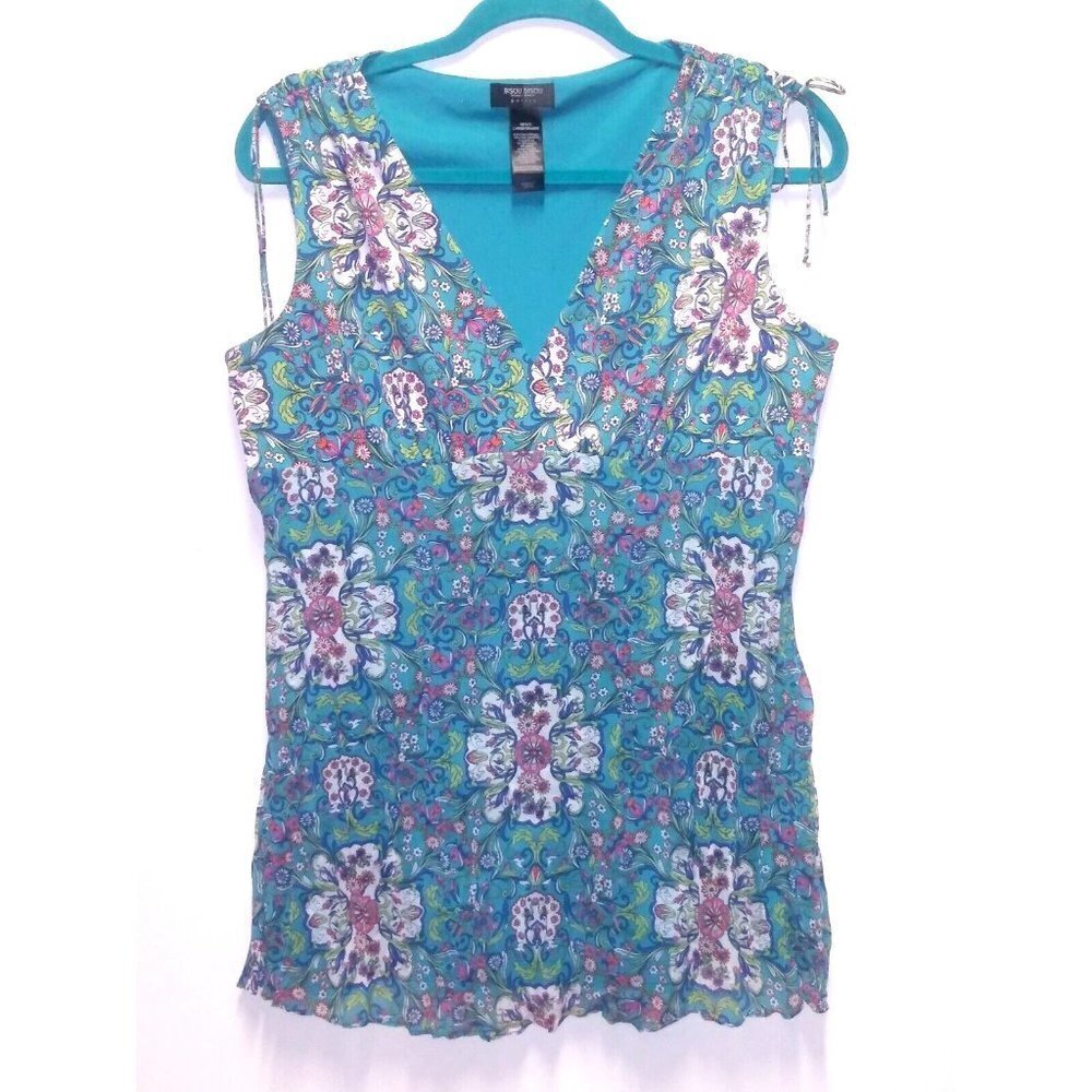 Womens sleeveless teal blue top floral Lily Pulitzer style Sz PL Bisou Bisou EUC